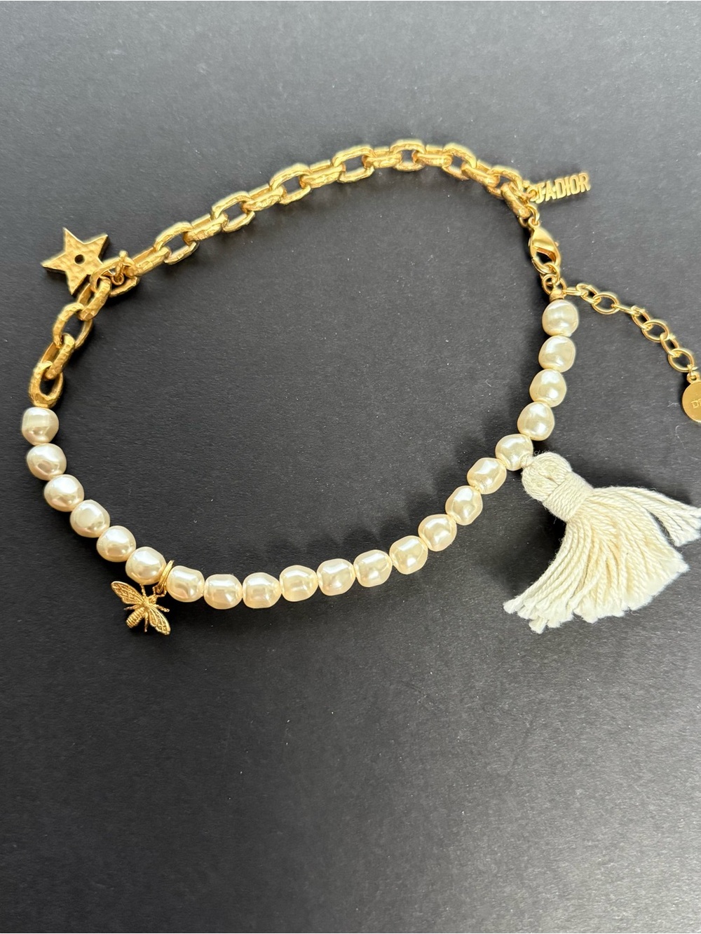 Dior Gold Chain Double Wrap Bracelet with Cream Pearls & Tassel
